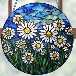 Daisy Flowers Stained Glass Window Hanging, Unique Gift for Nature & Flower Lovers/Daisy Flowers Glass Gift for Her/Bright Floral Suncatcher