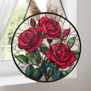 Rose Bouquet Stained Glass Suncatcher, Style Wall and Window Decoration, Special Gifts for Women, Rose Flowers Gifts, June Birthday Gift
