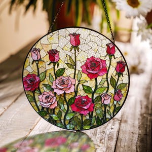 Red and pink rose floral stained glass round suncatcher gift for mom