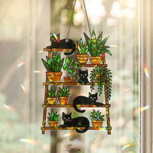 Cat & Plant Suncatcher: Holographic Acrylic Window Hanging