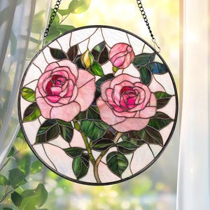 Pink Rose Stained Glass Suncatcher: Floral Window Hanging