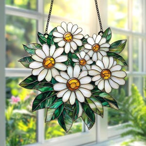 Daisy Flower Acrylic Suncatcher – Faux Stained Glass Window Hanging with White Petals and Green Leaves