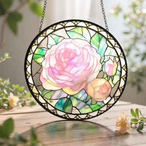 Pink Rose Flower Stained Glass Suncatcher, Rose Window Hanging, Valentines Day Rose Gifts for Wife, Anniversary gift, Birthday Gift