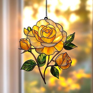 Yellow Rose Suncatcher Faux Stained Glass Window Hanging, Floral Home Decor Gift for Garden Lovers and Nature Enthusiasts