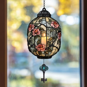 Floral Candle Lantern Suncatcher 2D, Faux Stained Glass Rose Window Hanging, Acrylic Vintage Decor for Cottagecore or Shabby Chic Interiors