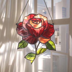 Faux Stained Glass Rose Flower Suncatcher, Acrylic Red Bloom Window Hanging, Romantic Garden Decor Gift For Anniversary Or Her