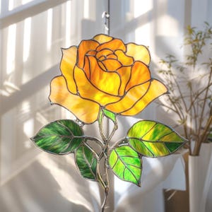Faux Stained Glass Yellow Rose Suncatcher – Acrylic Flower Window Hanging – Romantic Nature Gift For Her