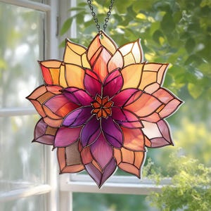 Boho Dahlia Flower Suncatcher – Stunning Stained Acrylic Decor, Handmade Lotus Window Hanging, Vibrant Artistic Home Accent, Gift for Her