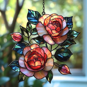 Stained Glass Rose Suncatcher, Red Flower Window Hanging, Romantic Floral Home Decor Gift, Christmas Gift