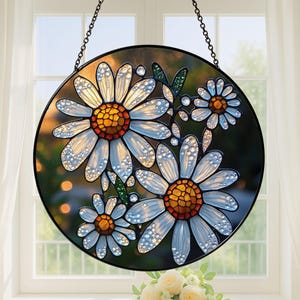 Elegant Yellow and White Daisy Stained Glass Suncatcher, Flower Glass Art Window Decoration, Home Decor Accent, Memorial Suncatcher Gift for