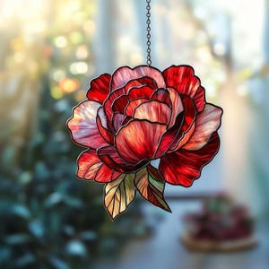 Red Rose Acrylic Suncatcher: Faux Stained Glass Window Hanging Floral Art Decor, christmas Gift