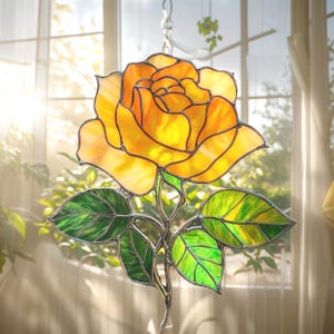 Golden Rose Faux Stained Glass Suncatcher, Acrylic Window Hanging Flower Art, Gift For Mom, Wife, Or Nature Lovers