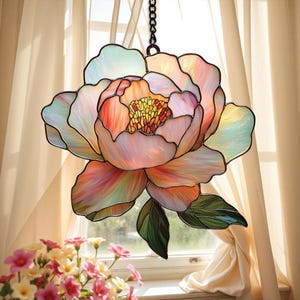 Peony Stained Glass Suncatcher – Elegant Floral Window Hanging, unique xmas gift Collection
