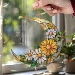Crescent Moon Daisy Acrylic Suncatcher, Stained Glass Style Yellow White Floral Window Hanging, Summer Flower Home Decor Gift