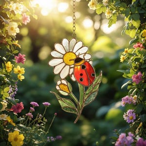 Ladybug and Daisy Suncatcher, Faux Stained Glass Window Hanging, Nature Inspired Garden Decor, Flower Ornament Gift for Her