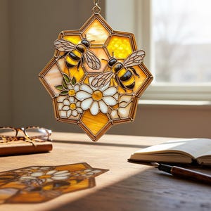 Bee & Honeycomb Stained Resin Suncatcher | Faux Stained Glass Window Hanging with Daisies | Nature-Inspired Bumblebee Art, Garden Décor